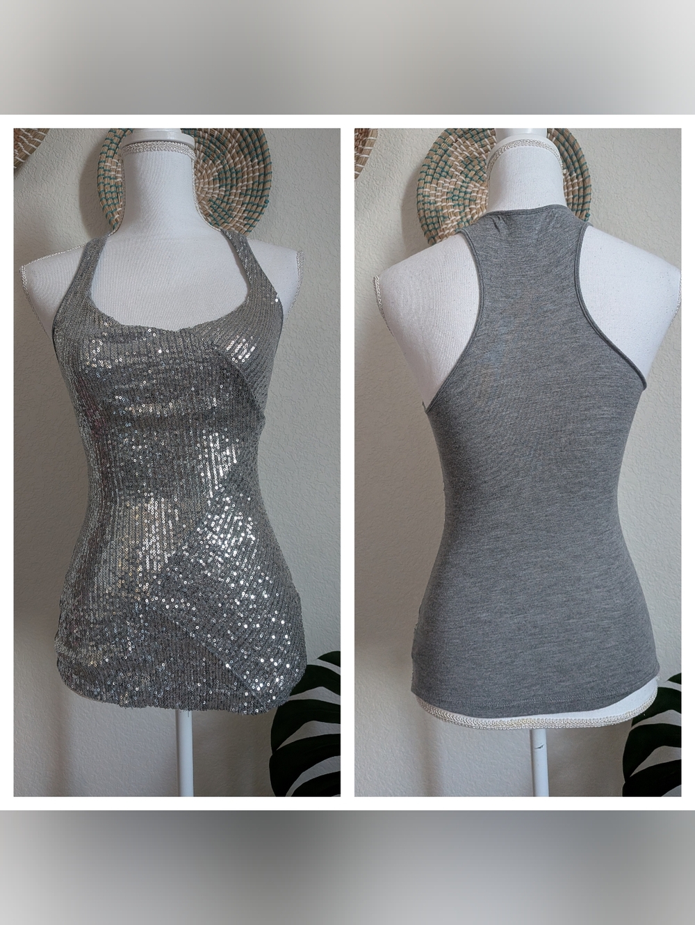 Forever 21 Grey Sequin Racerback Tank Top Small